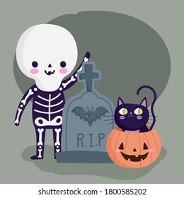 happy halloween, boy with skeleton costume tombstone pumpkin and cat trick or treat party celebration vector illustration