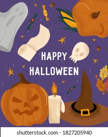 Happy Halloween. Bright festive vector autumn violet poster for Halloween with pumpkins, ghost, leaves, candy, candle, paper, corn and witch hat. Cute flat vector halloween poster with place for text.