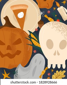 Happy Halloween. Bright festive vector autumn poster for Halloween with pumpkins, ghost, leaves, candy, candle, corn, scull and pumpkin pie. Trick or treat. Cute flat vector halloween cover.