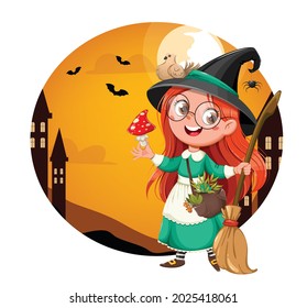 Happy Halloween bright greeting card. Cute girl witch