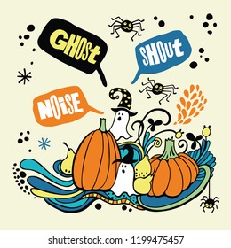 Happy Halloween. Bright poster, a card with ghosts, pumpkin, spiders.