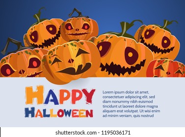 Happy Halloween bright poster design. Creative multicolored lettering with cartoon characters of pumpkins on blue and gray background. Can be used for invitations and presentations