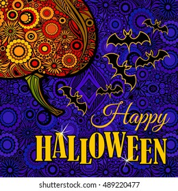Happy Halloween bright Poster with an ornamental pumpkin and bat silhouette on blue dark ornamental background. Party ad, card, invitation. Vector illustration