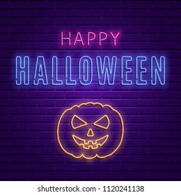 Happy Halloween bright signboard with pumpkin. Party Neon Light Banner. Vector illustration