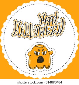 Happy Halloween - bright vector greetings card template with hand drawn doodle and lettering in orange black and white colors. Handwritten text with angry ghost for design of invitation or flyer