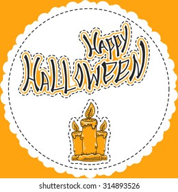 Happy Halloween - bright vector greetings card template with hand drawn doodle and lettering in orange black and white colors. Handwritten text with three candles for design of invitation or flyer