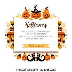 Happy Halloween bright vector illustration. Pumpkin jack-o-lantern, witch hat, striped stockings, lollipop. For stickers, postcards, banners, flyer. Yellow-orange autumn colors