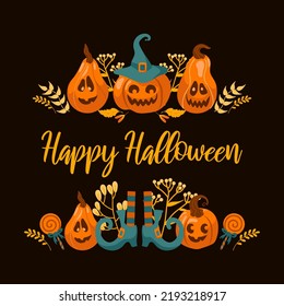 Happy Halloween bright vector illustration. Pumpkin jack-o-lantern, witch hat, striped stockings, lollipop. For stickers, postcards, banners, flyer. Orange-green colors, a black contrasting