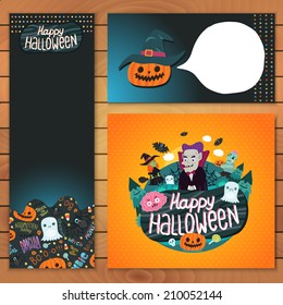 Happy Halloween brochure template. Dracula, zombie, witch, pumpkin, bat, ghost characters.