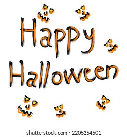 Happy Halloween brushed painting text with halloween masks.