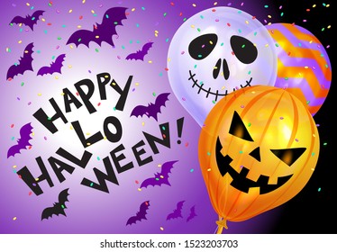 Happy Halloween. Bunch of Halloween ghost balloons, bats and text Happy Halloween. Holidays, decoration and party concept balloons for halloween. Vector illustration. EPS10