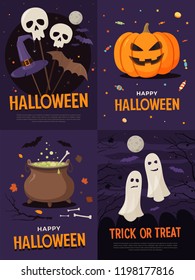 Happy Halloween. Bundle of cartoon posters with traditional holiday symbols: pumpkin, ghosts, skulls, bats, cauldron and hat of witch. Vector illustration.