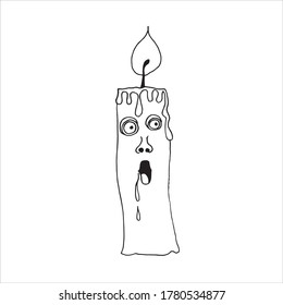 Happy Halloween. Burning candle with face eyes, nose and mouth in cartoon style. The candles are burning, melting, white. Vector illustration. Graphic design for Halloween.