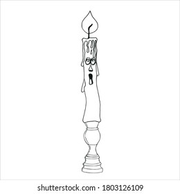 Happy Halloween. Burning candle with face eyes, nose and mouth in cartoon style. The candles are burning, melting, white. Vector illustration. Graphic design for Halloween.