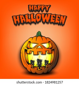 Happy Halloween. Burning candles inside frightening pumpkin. Design template. Pattern for banner, poster, greeting card, flyer, party invitation. Vector illustration