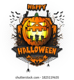 Happy Halloween. Burning candles inside frightening pumpkin. Cats, bats, spiders, trees, crosses. Design template for banner, poster, greeting card, flyer, party invitation. Vector illustration