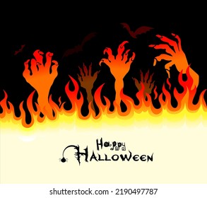 Happy Halloween. Burning flames and monster hands. Vector illustration