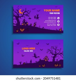 Happy Halloween Business Card, Banner, or Party Invitation Background with Pumpkin, Witch Hat, Zombie, and Bat. Vector, Creative and Simple Business Card Template Design.