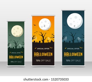 Happy halloween business roll up template set, vector illustration