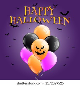 Happy halloween calligraphy banner vector design with balloons,bats flying in the sky and moonlight on dark violet background.