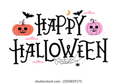 Happy Halloween calligraphy. Decorative lettering with pumpkins, bats, spider web. Vector illustration isolated on white