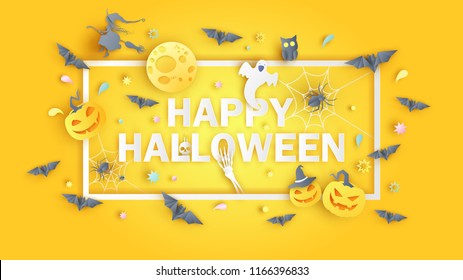 Happy Halloween calligraphy design. Cute happy Halloween. greeting card. paper cut and craft style. vector, illustration.