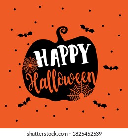 Happy Halloween calligraphy design with pumpkin, spider web, bat and dot vector on orange background for Halloween banner, poster, postcard etc.