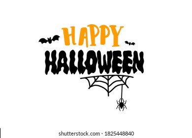 Happy Halloween calligraphy design with spider web and bat vector isolated on white background 