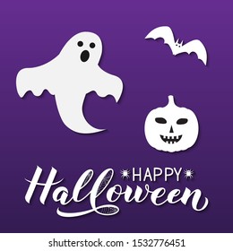 Happy Halloween calligraphy hand lettering with silhouette of pumpkin, bat, ghost and spiders. Easy to edit vector template for greeting card, banner, typography poster, party invitation, etc.