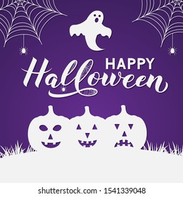 Happy Halloween calligraphy hand lettering with silhouette of pumpkin, spiders, ghosts and bats. Vector template in paper cut style for greeting card, banner, typography poster, party invitation, etc.