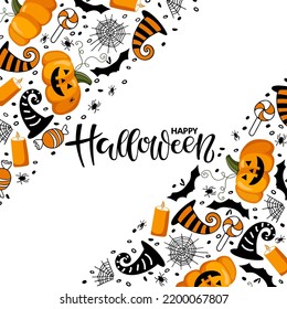 Happy Halloween calligraphy lettering in diagonal Borders with orange Pumpkin lantern, witch hat, bat, spider, cobweb, candle. Hand drawn autumn vector backdrop. Halloween holidays flat design