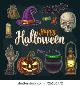 Happy Halloween calligraphy lettering. Pumpkin with scary face, bat, skull, bag, candle, witch hat, candy, hand, cauldron. Vector color vintage engraving illustration isolated on dark background