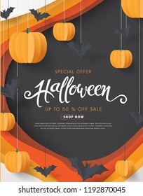 Happy Halloween calligraphy with paper bats and pumpkins. banners party invitation.Vector illustration.calligraphy of "halloween"