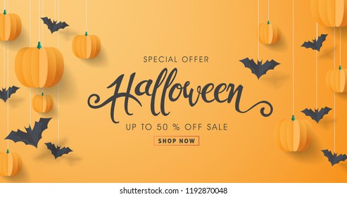 Happy Halloween calligraphy with paper bats and pumpkins. banners party invitation.Vector illustration.calligraphy of "halloween"