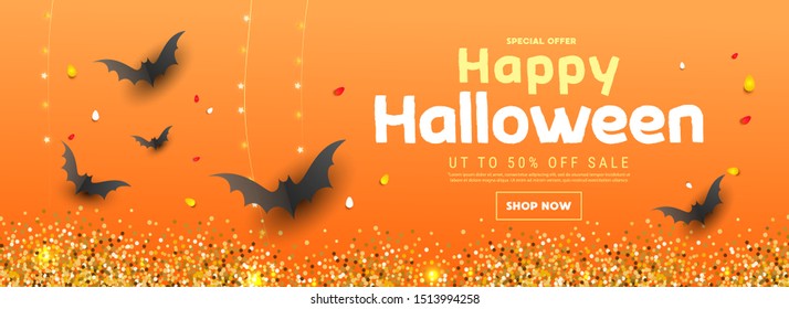 Happy Halloween calligraphy with paper bats and stars decor and candy. Great for voucher, offer, coupon, holiday sale.