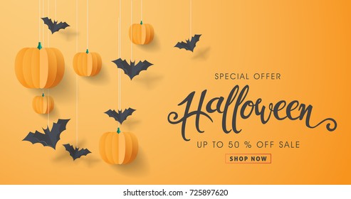 Happy Halloween calligraphy with paper bats and pumpkins. banners party invitation.Vector illustration.