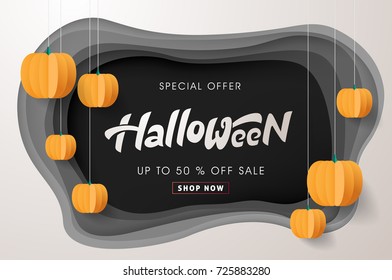 Happy Halloween calligraphy with paper pumpkins. banners party invitation.Vector illustration.