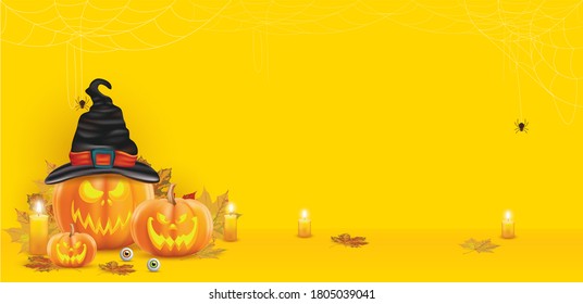 Happy Halloween calligraphy with pumpkins. On a yellow background. Vector illustration.
