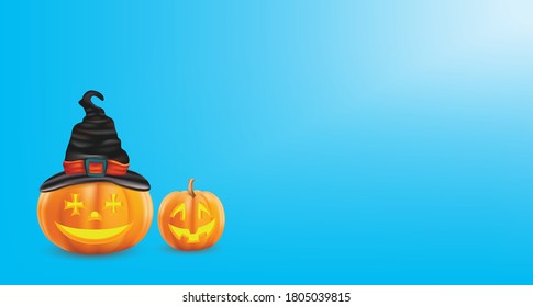 Happy Halloween calligraphy with pumpkins. On a blue background. Vector illustration.