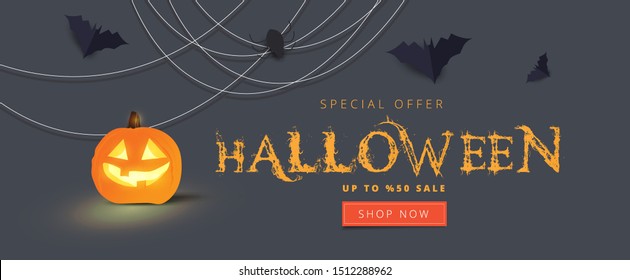 Happy Halloween calligraphy with spiders, bats and pumpkins. banners party invitation.Vector illustration.