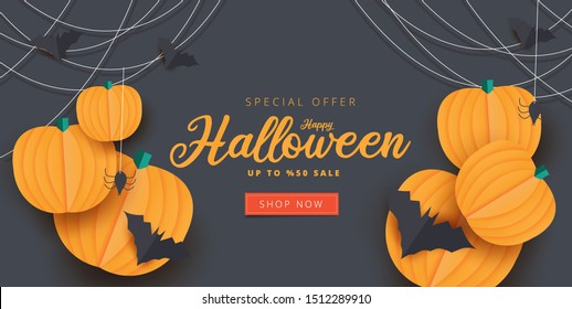 Happy Halloween calligraphy with spiders, bats and pumpkins. banners party invitation.Vector illustration.