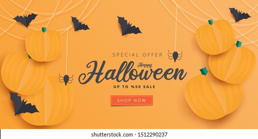 Happy Halloween calligraphy with spiders, bats and pumpkins. banners party invitation.Vector illustration.