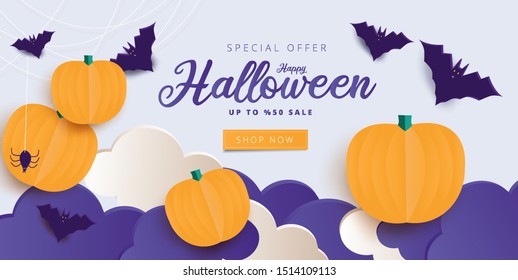 Happy Halloween calligraphy with spiders, bats and pumpkins. banners party invitation.Vector illustration.