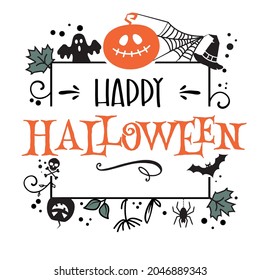 Happy Halloween Calligrafy Text mit illustrierten Kürbis-, Geister- und anderen Tragesymbolen