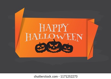 Happy halloween calligraphy vector design with pumpkins,origami speech bubble on black chalkboard.