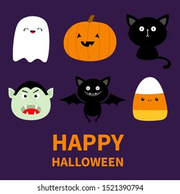 Happy Halloween. Candy corn, ghost spirit, pumpkin, cat, dracula, bat with face. Cute cartoon kawaii funny baby character set. Flat design. Violet background. Isolated. Vector illustration