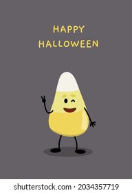 Happy Halloween Candy Corn merry greeting card or flyer, poster, banner. Peace and love. Sweets in yellow, white and orange colors. Isolated vector stock illustration EPS 10 on gray background