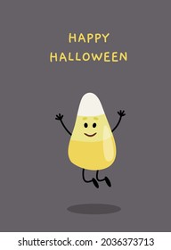 Happy Halloween Candy Corn merry greeting card or flyer, poster, banner.  Jumping sweets in yellow, white, orange colors. Isolated vector stock illustration EPS 10 on gray background