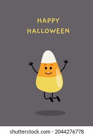 Happy Halloween Candy Corn merry greeting card or flyer, poster, banner.  Jumping sweets in yellow, white, orange colors. Isolated vector stock illustration EPS 10 on gray background