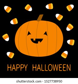 Happy Halloween. Candy corn, pumpkin with face. Cute cartoon kawaii funny baby character set. Flat design. Black background. Isolated. Vector illustration